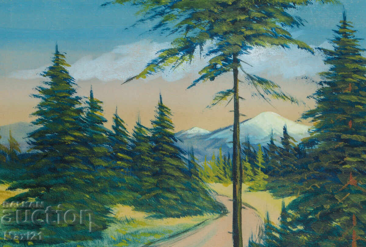 Δημοπρασία Παλιά ζωγραφιά ορεινού δρόμου τοπίο τέμπερα υπογεγραμμένη