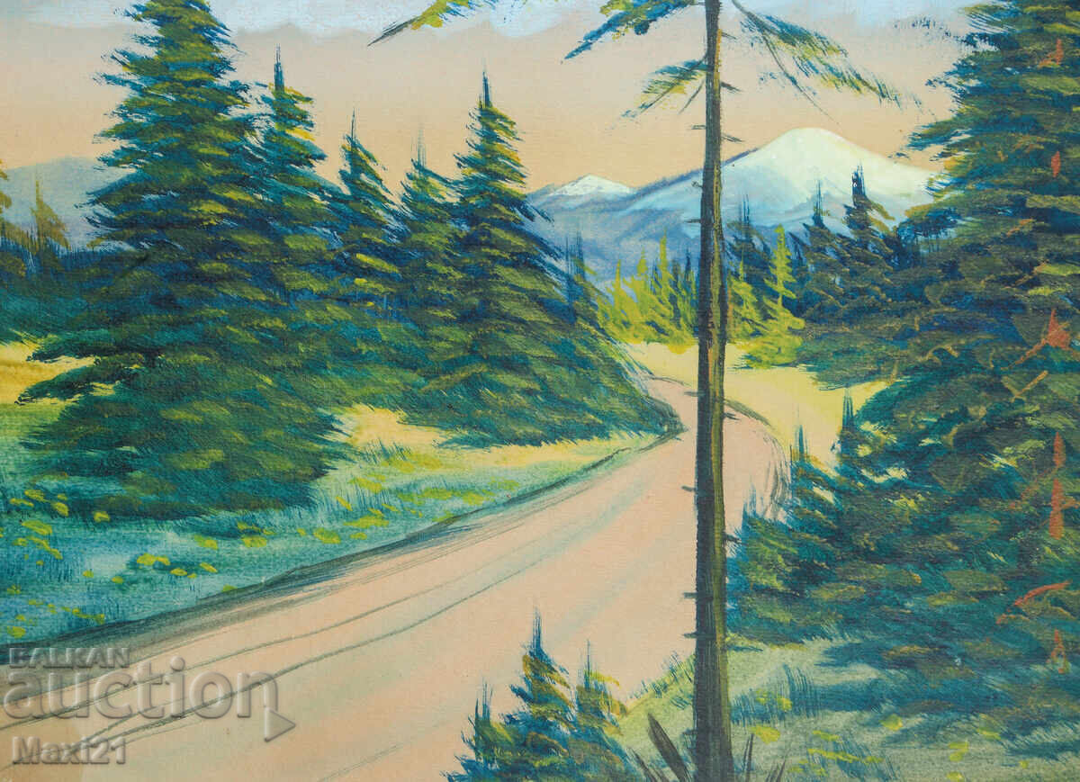 Παράδοση Παλιά ζωγραφιά ορεινού δρόμου τοπίο τέμπερα υπογεγραμμένη