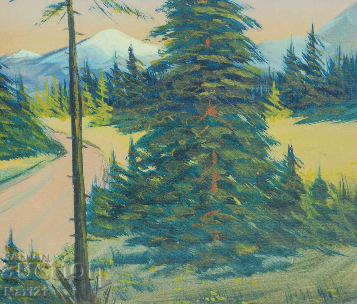 Παλιά ζωγραφιά ορεινού δρόμου τοπίο τέμπερα υπογεγραμμένη - 5