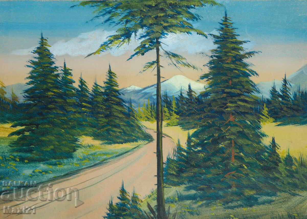 Παλιά ζωγραφιά ορεινού δρόμου τοπίο τέμπερα υπογεγραμμένη