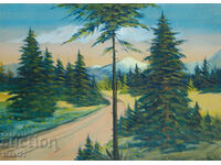 Tablou vechi cu drum forestier, peisaj, tempera, semnat