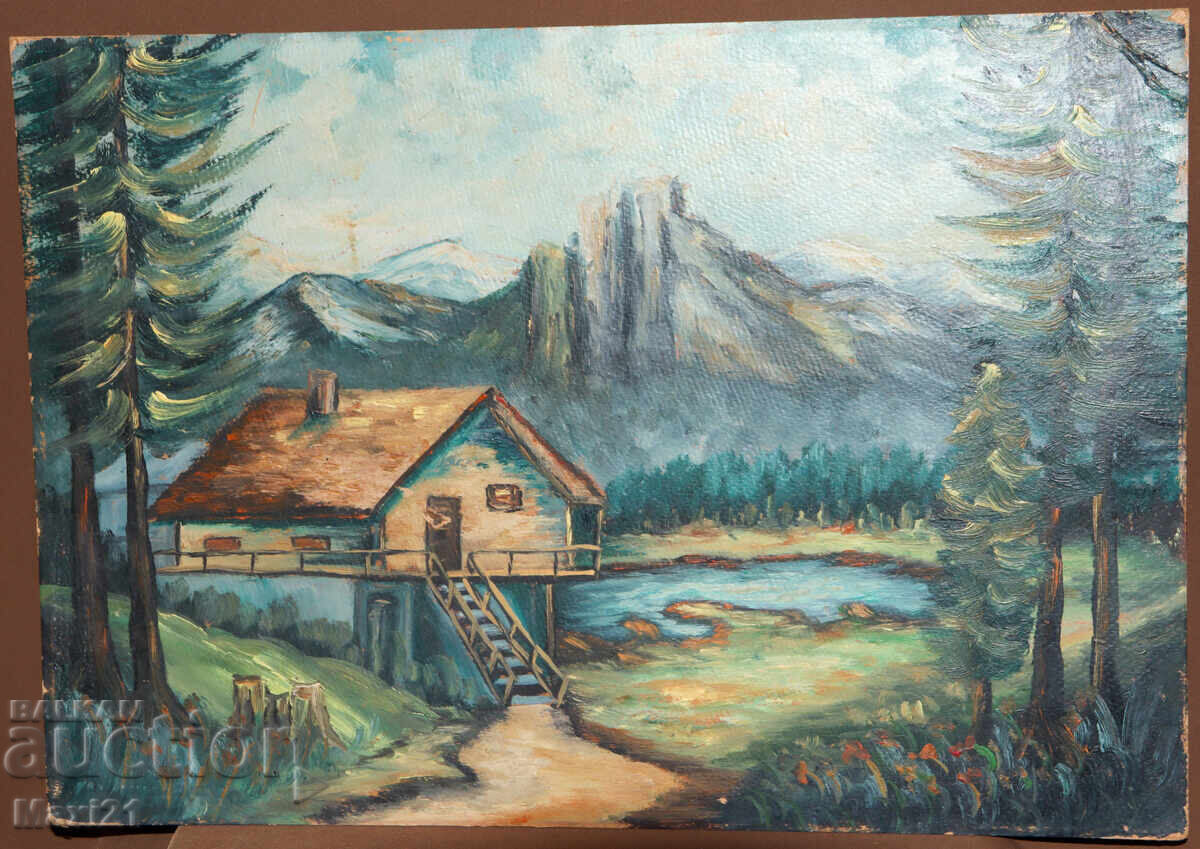 Painting, cabin in the forest, landscape, oil paints with price 300.00 BGN | € 153.39