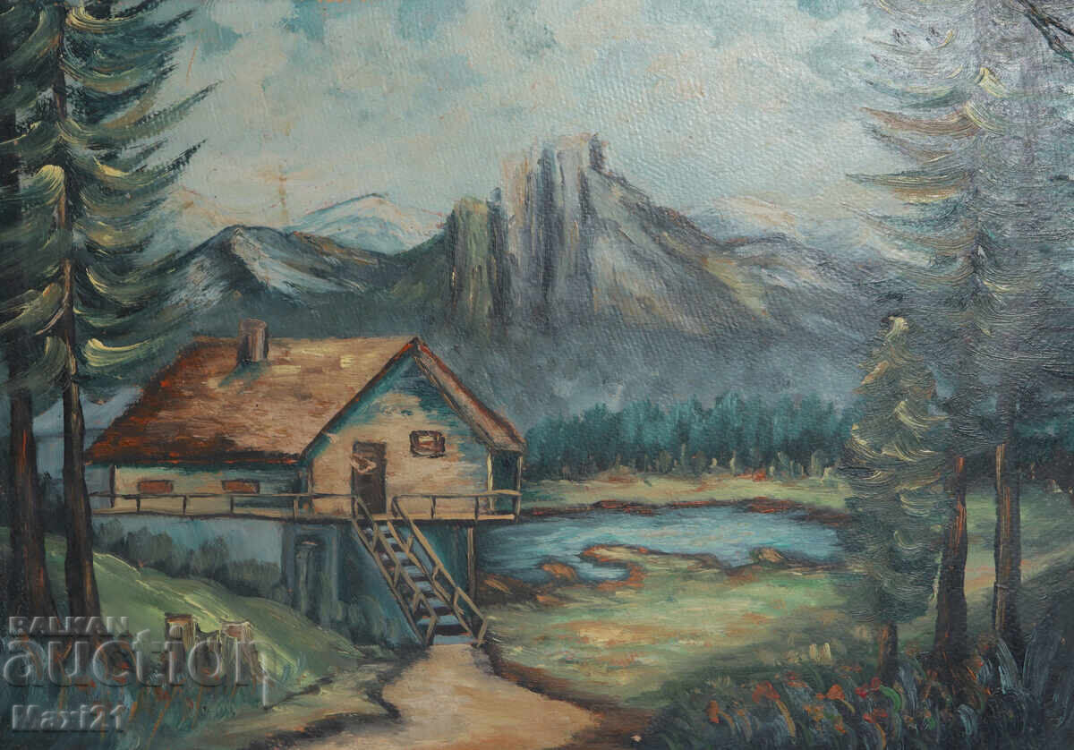 Auction  Painting, cabin in the forest, landscape, oil paints