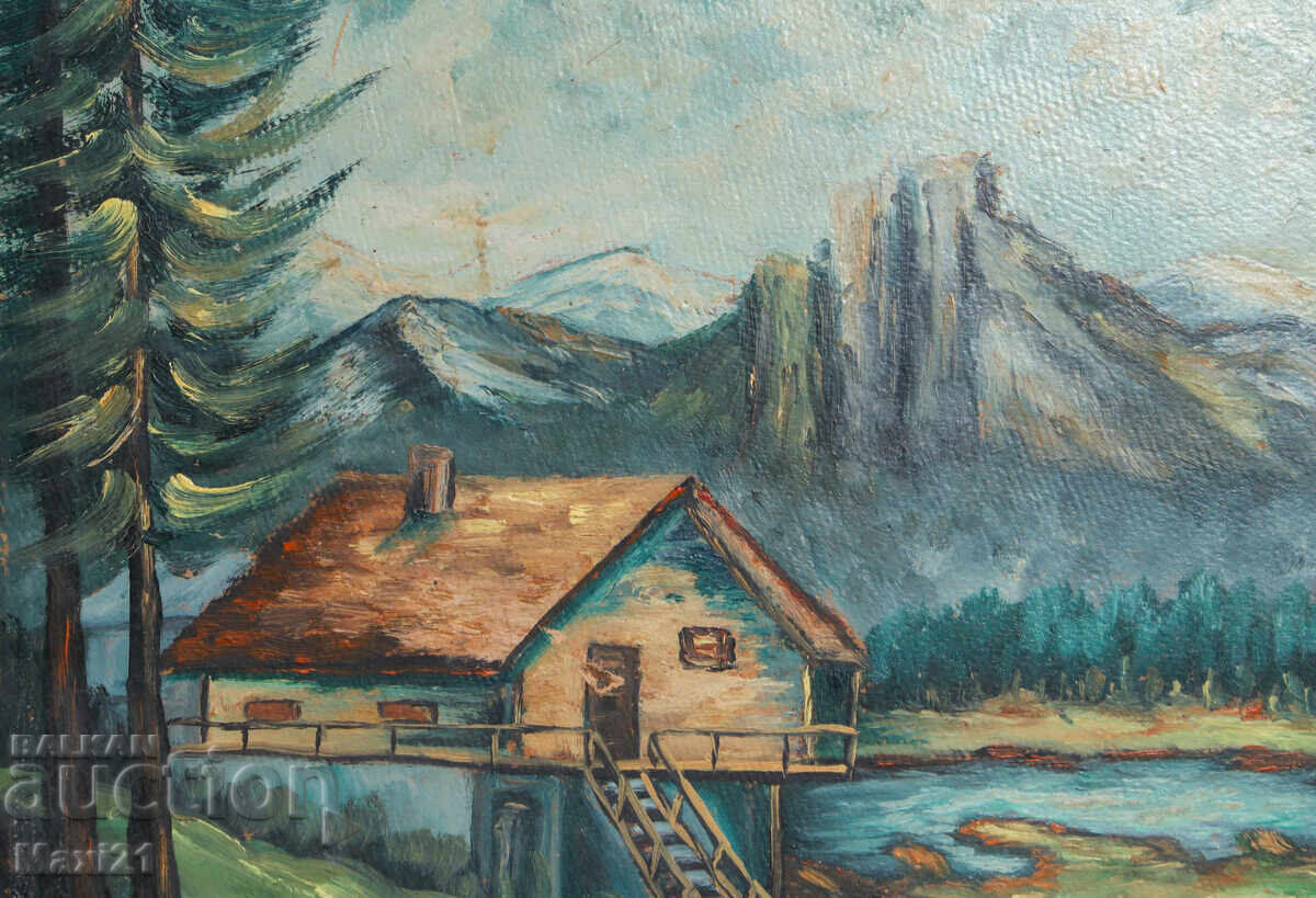 Delivery of Painting, cabin in the forest, landscape, oil paints
