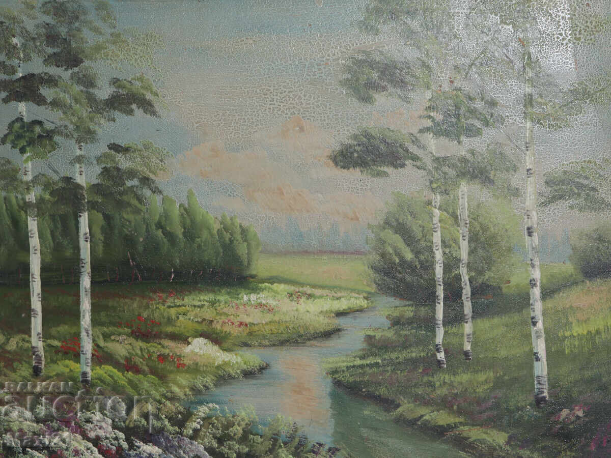Аукцион Стара маслена картина, красив речен пейзаж
