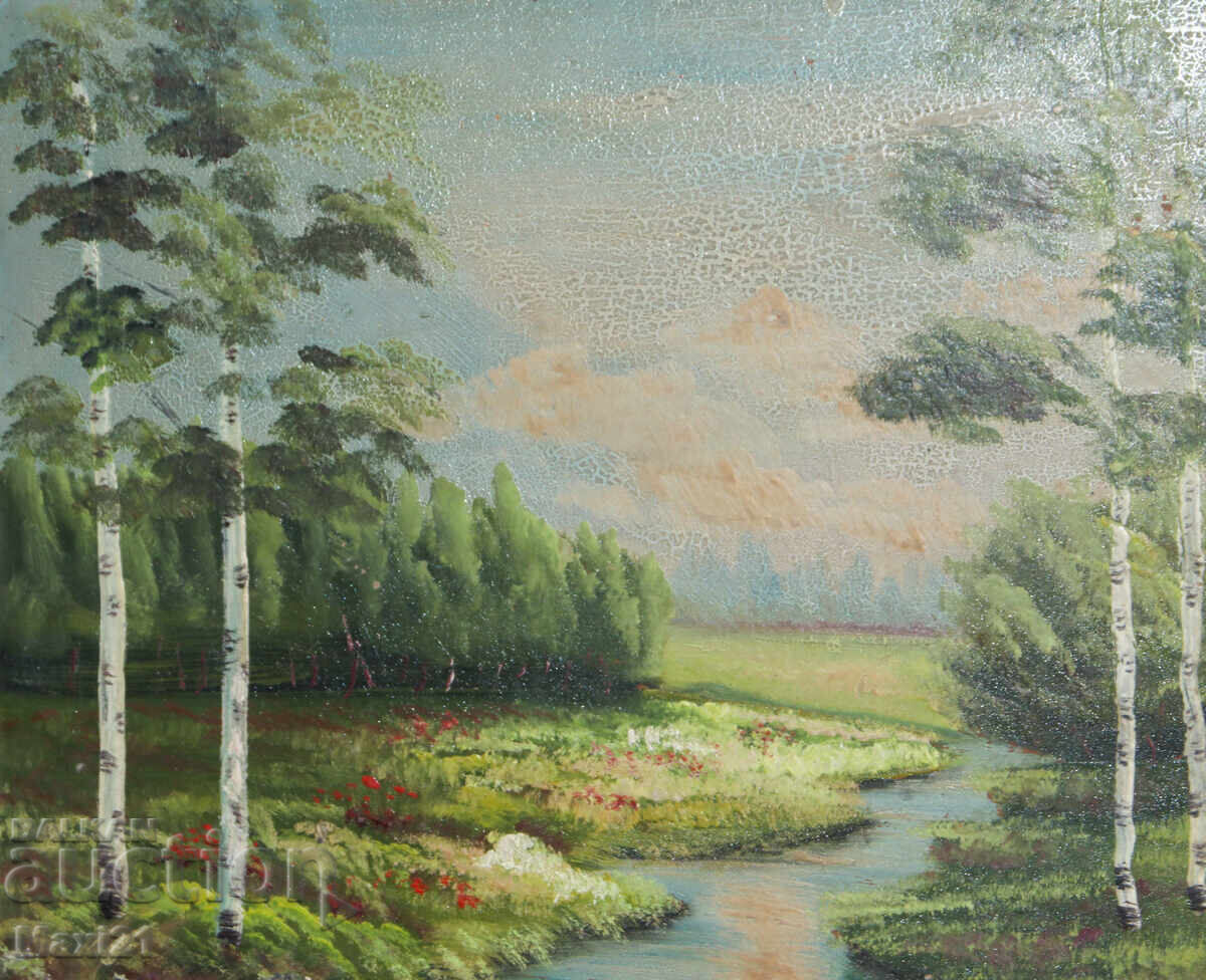 Доставка на Стара маслена картина, красив речен пейзаж