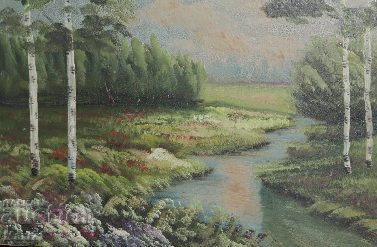 Стара маслена картина, красив речен пейзаж - 5