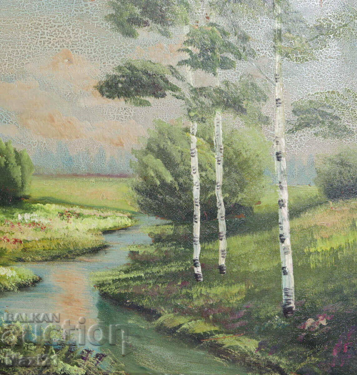 Стара маслена картина, красив речен пейзаж - 6