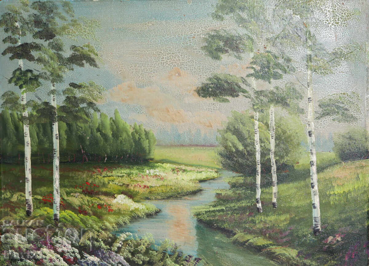 Стара маслена картина, красив речен пейзаж