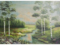 Old oil painting, beautiful river landscape