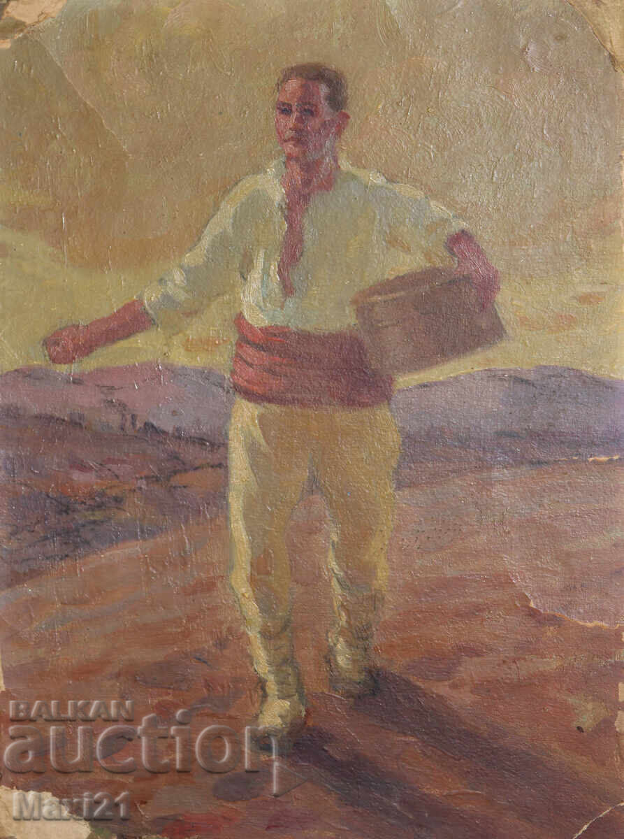 Antique oil painting, male portrait, folk costume