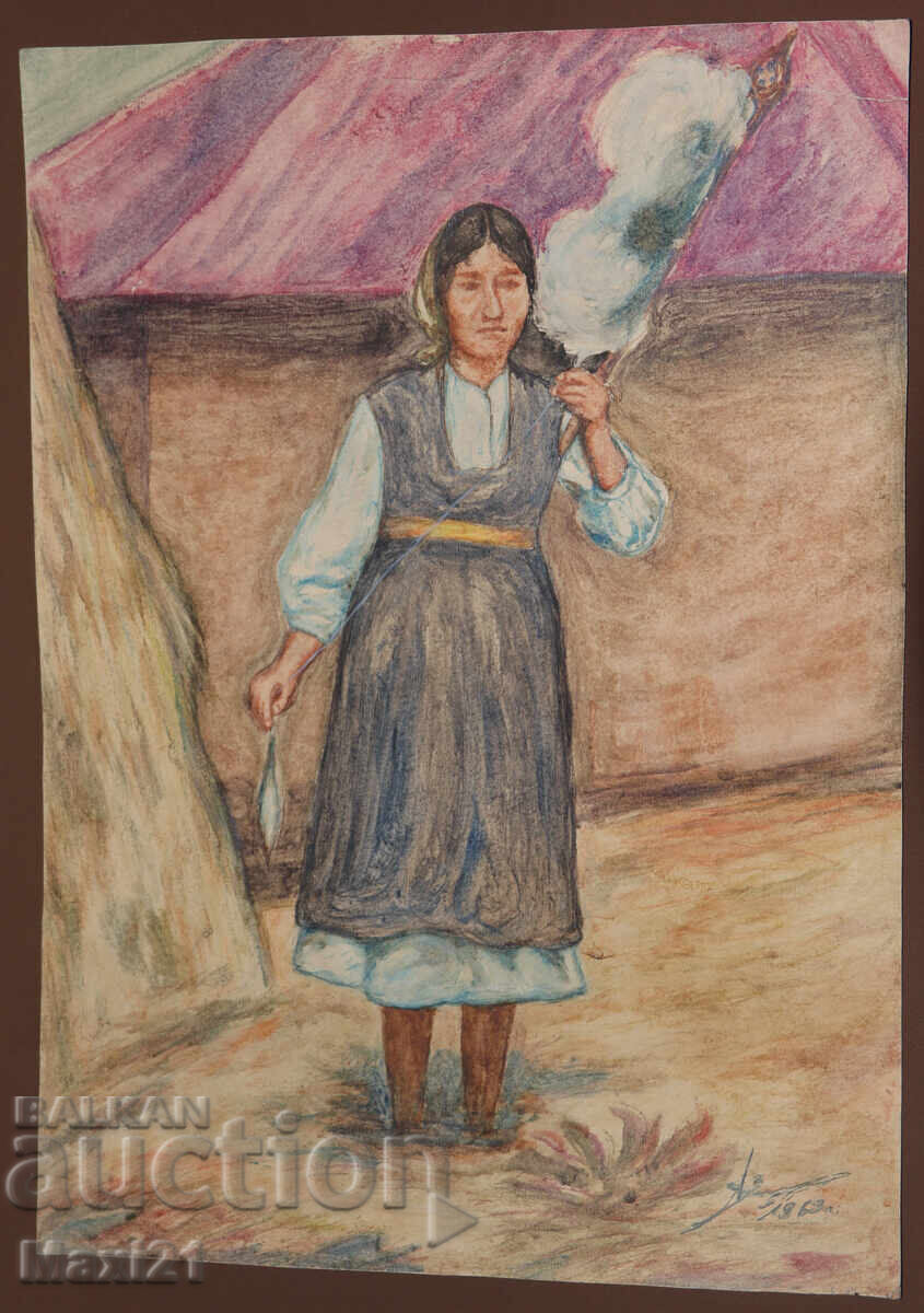 Old watercolor painting, female portrait, woman with a distaff with price 250.00 BGN | € 127.82