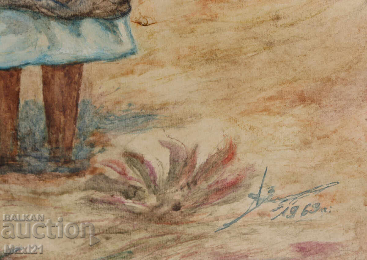 Old watercolor painting, female portrait, woman with a distaff - 6