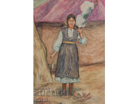 Стара картина акварел женски портрет, жена с хурка