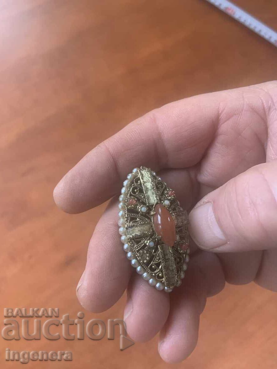 Antique Ethnic Folkloric Brooch, Metal Filigree, Stones - 6