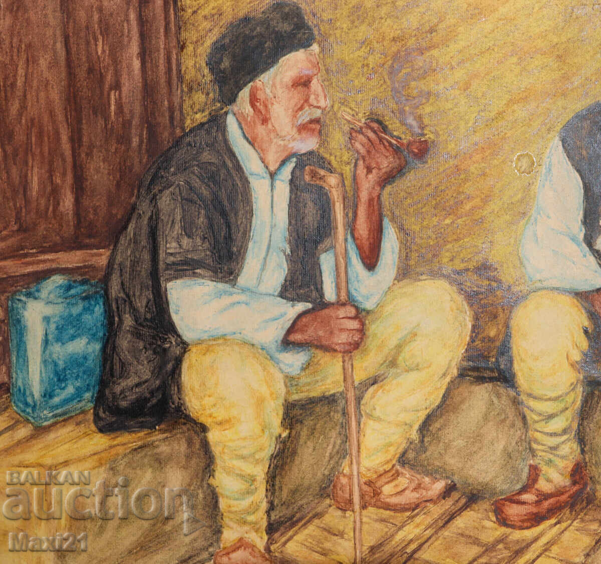 Παράδοση Παλαιός πίνακας ακουαρέλας άνδρες με πίπες