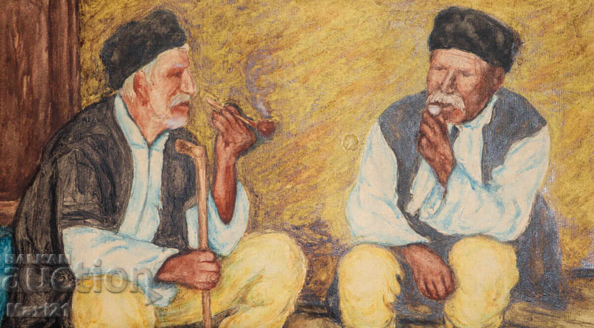 Παλαιός πίνακας ακουαρέλας άνδρες με πίπες - 5