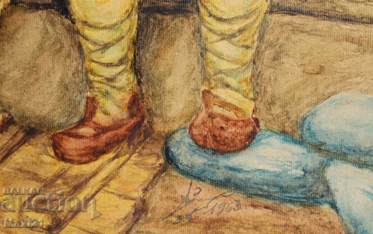 Παλαιός πίνακας ακουαρέλας άνδρες με πίπες - 6