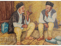 Стара картина акварел мъже с лули