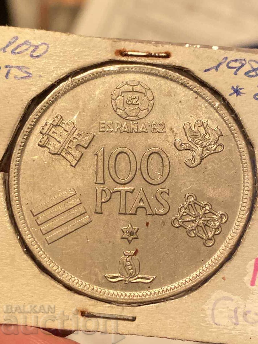 Spania 100 pesetas 1980 Juan Carlos campionatul mondial de fotbal UNC cu preț 6.00 BGN | € 3.07
