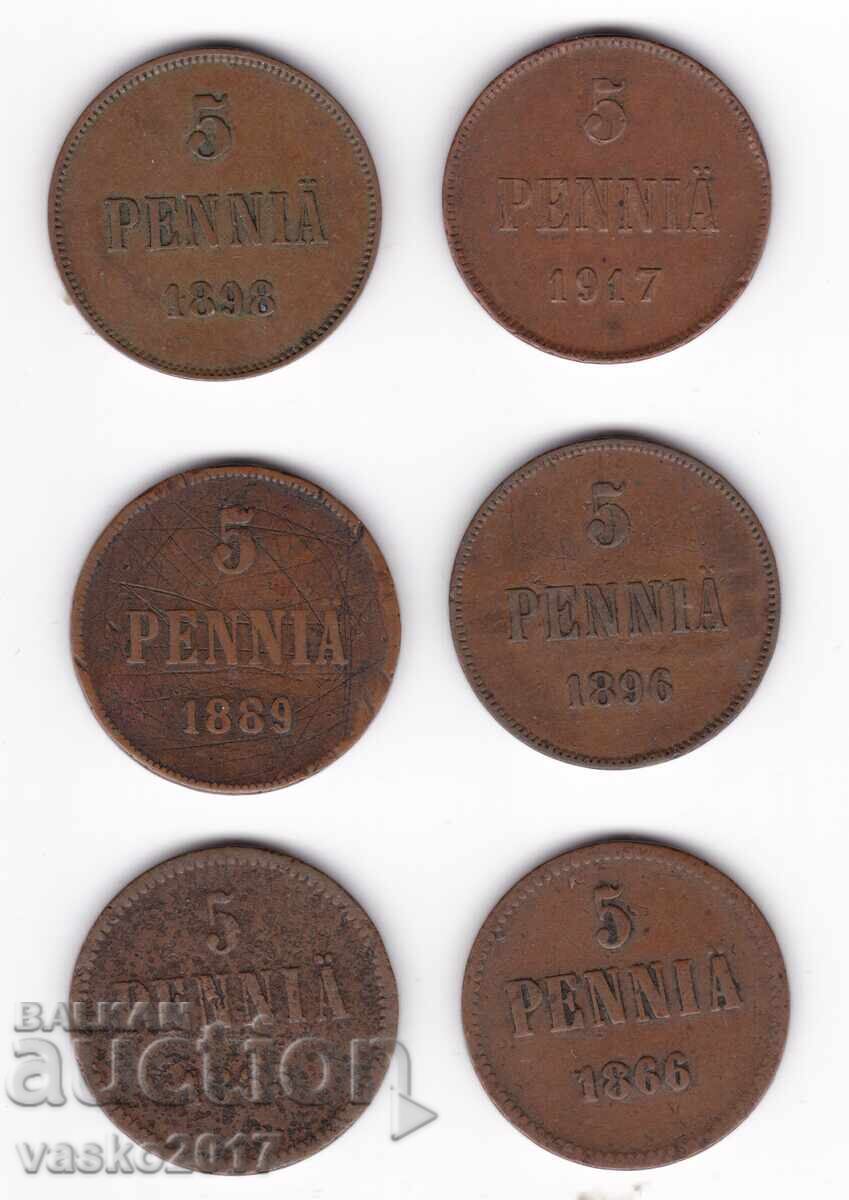 Lot 5 Pennia - Rusia pentru Finlanda 6 buc Lot 5 Pennia - Rusia pentru Finlanda 6 buc