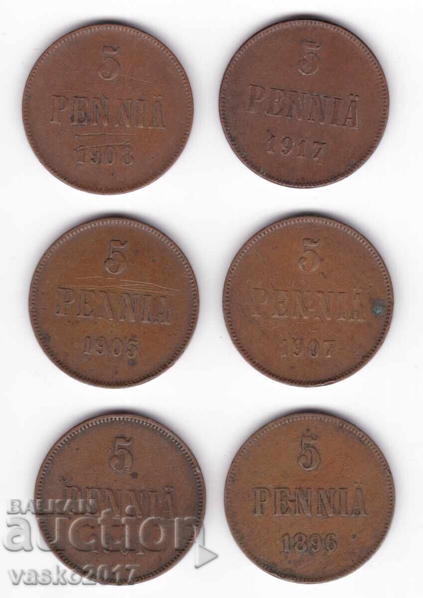 Lot 5 Pennia - Rusia pentru Finlanda 6 buc Lot 5 Pennia - Rusia pentru Finlanda 6 buc