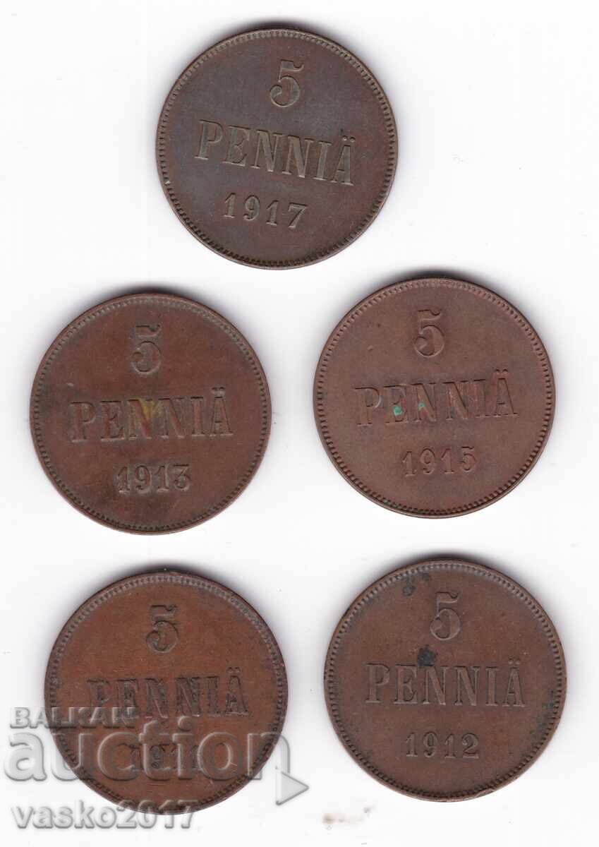 Lot 5 Pennia - Rusia pentru Finlanda 5 buc Lot 5 Pennia - Rusia pentru Finlanda 5 buc