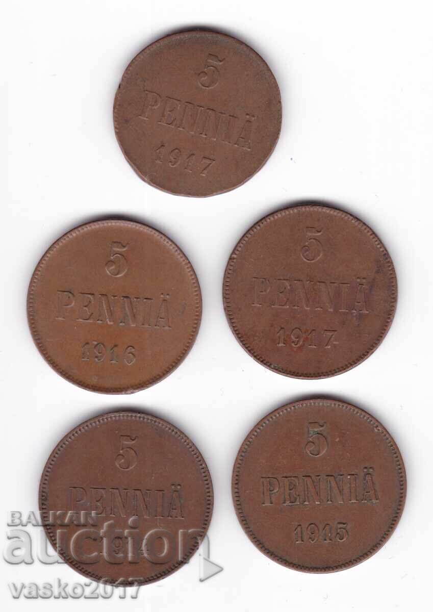 Lot 5 Pennia - Rusia pentru Finlanda 5 buc Lot 5 Pennia - Rusia pentru Finlanda 5 buc
