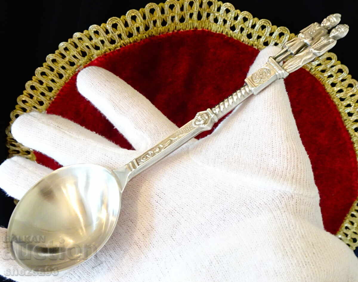 Auction Pewter spoon with figures of spouses, angel, stork, pewter wedding Auction Pewter spoon with figures of spouses, angel, stork, pewter wedding