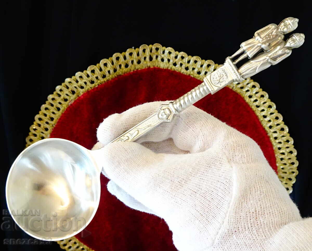 Pewter spoon with figures of spouses, angel, stork, pewter wedding Pewter spoon with figures of spouses, angel, stork, pewter wedding