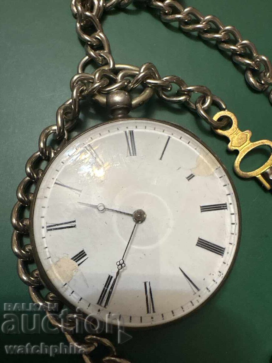 Σπάνιο ασημένιο ρολόι τσέπης με κλειδί, λειτουργικό με τιμή 61.00 BGN | € 31.19