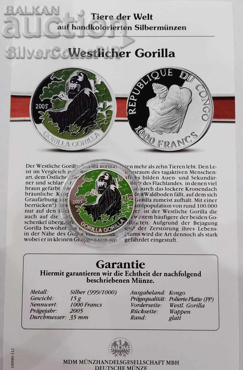 Δημοπρασία Αργυρό 1000 Φράγκα Γορίλας 2005 Κονγκό Διατήρηση της Πανίδας Δημοπρασία Αργυρό 1000 Φράγκα Γορίλας 2005 Κονγκό Διατήρηση της Πανίδας