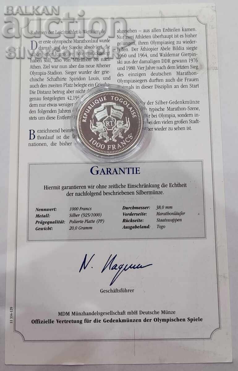 Auction Silver 10 Francs Running 2003 Togo Olympics Auction Silver 10 Francs Running 2003 Togo Olympics