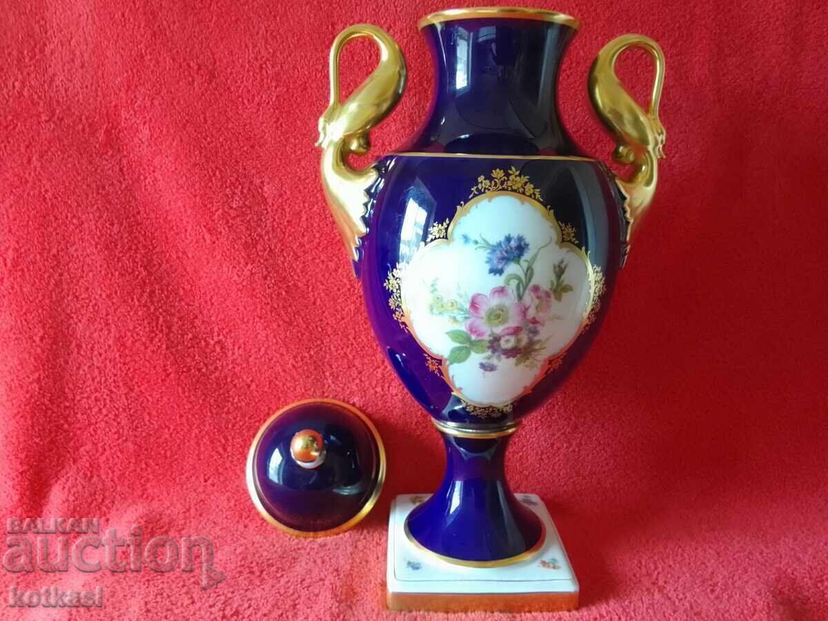 Auction  Amphora Vase KAISER Cobalt Swan Handles Meissen Bouquet H-41