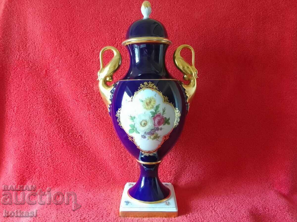 Amphora Vase KAISER Cobalt Swan Handles Meissen Bouquet H-41