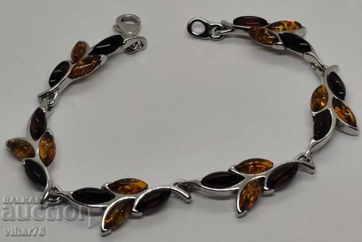 Brățară de argint cu granat și chihlimbar