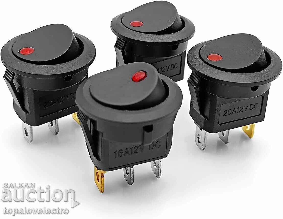 Аукцион НОВ! Комплект 5 бр. кръгли рокер ключове с LED индикатор