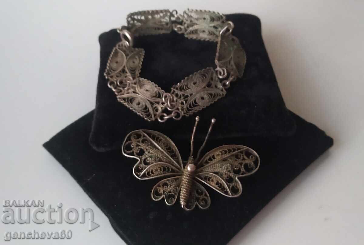 Silver bracelet and brooch set, filigree, 17g - 5