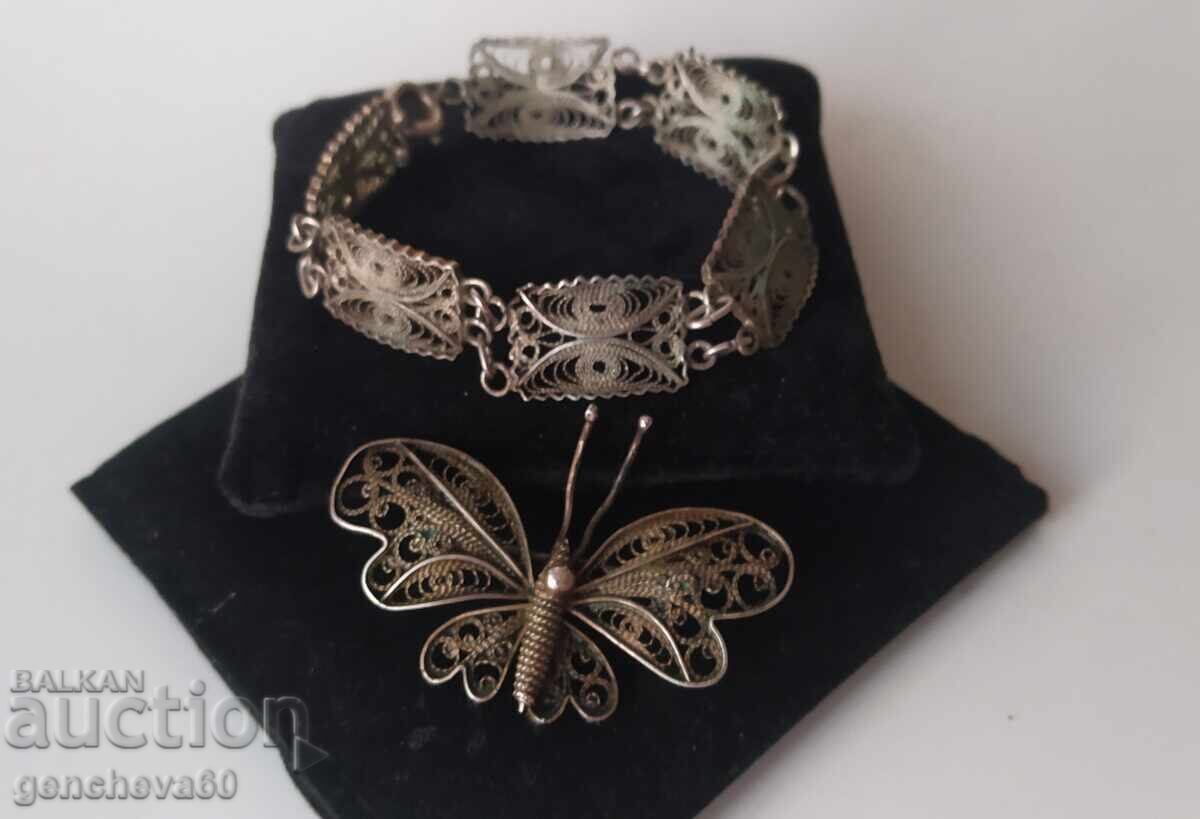 Silver bracelet and brooch set, filigree, 17g