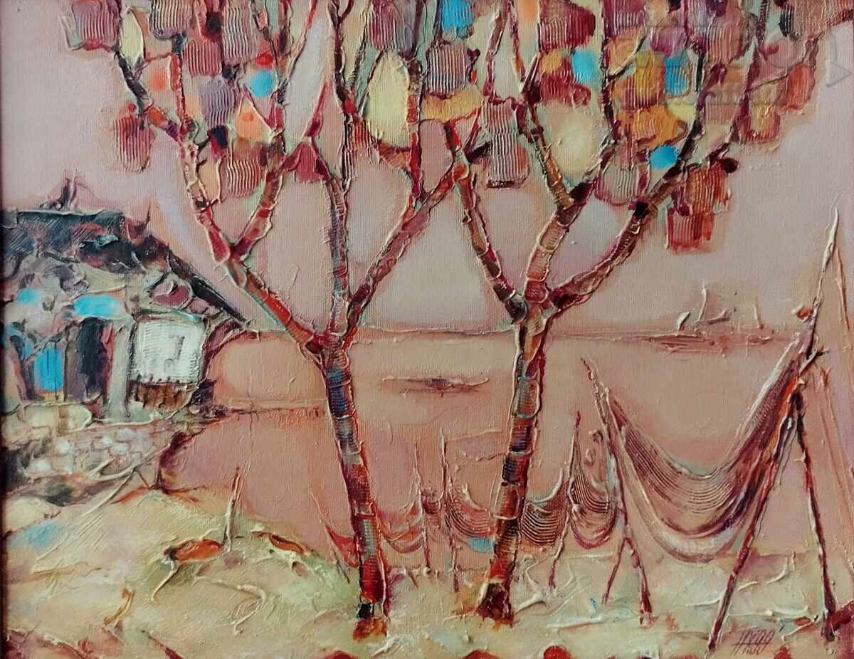 Painting, landscape, sea, nets, artist N. Hanzarov, 1999 with price 400.00 BGN | € 204.52