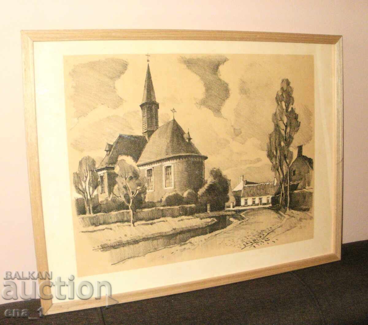 Стара църква, западноевропейски литографски отпечатък, рамка с цена € 17.00 | 33.25 лв.