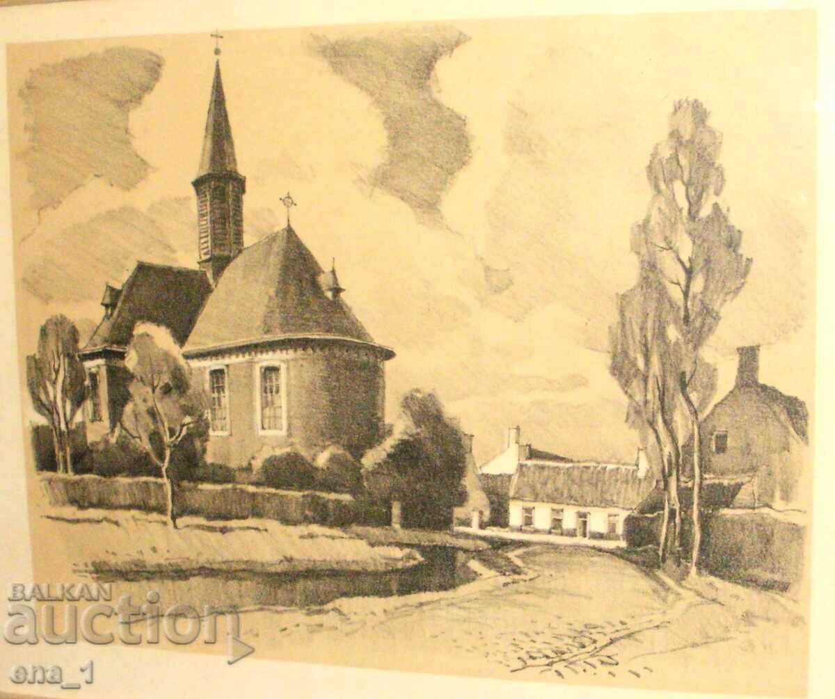 Аукцион Стара църква, западноевропейски литографски отпечатък, рамка Аукцион Стара църква, западноевропейски литографски отпечатък, рамка