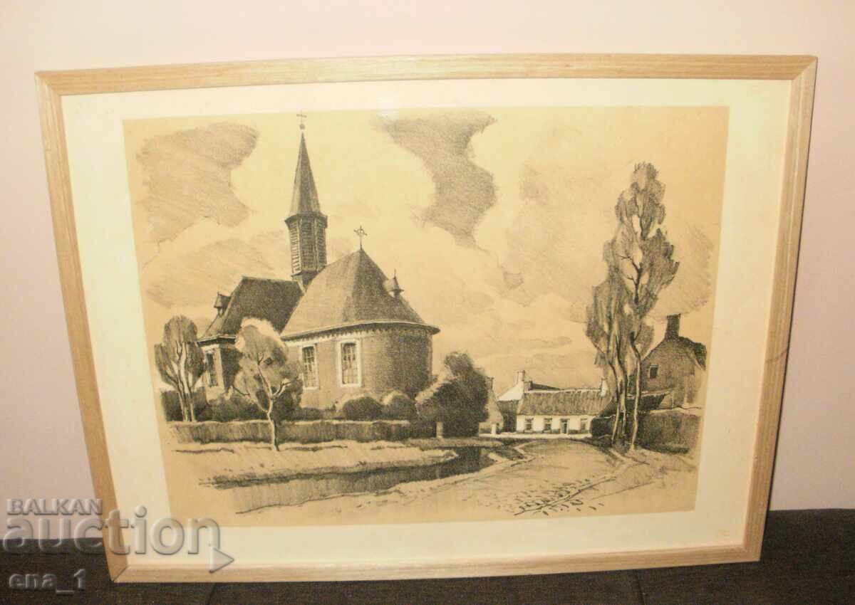 Доставка на Стара църква, западноевропейски литографски отпечатък, рамка Доставка на Стара църква, западноевропейски литографски отпечатък, рамка