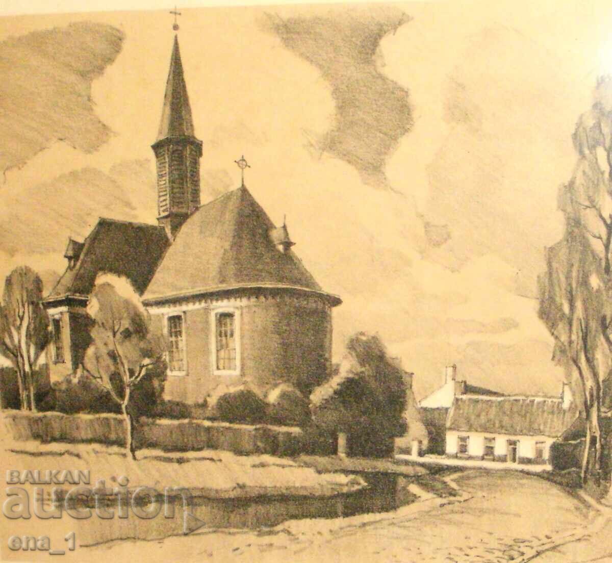 Стара църква, западноевропейски литографски отпечатък, рамка - 6 Стара църква, западноевропейски литографски отпечатък, рамка - 6