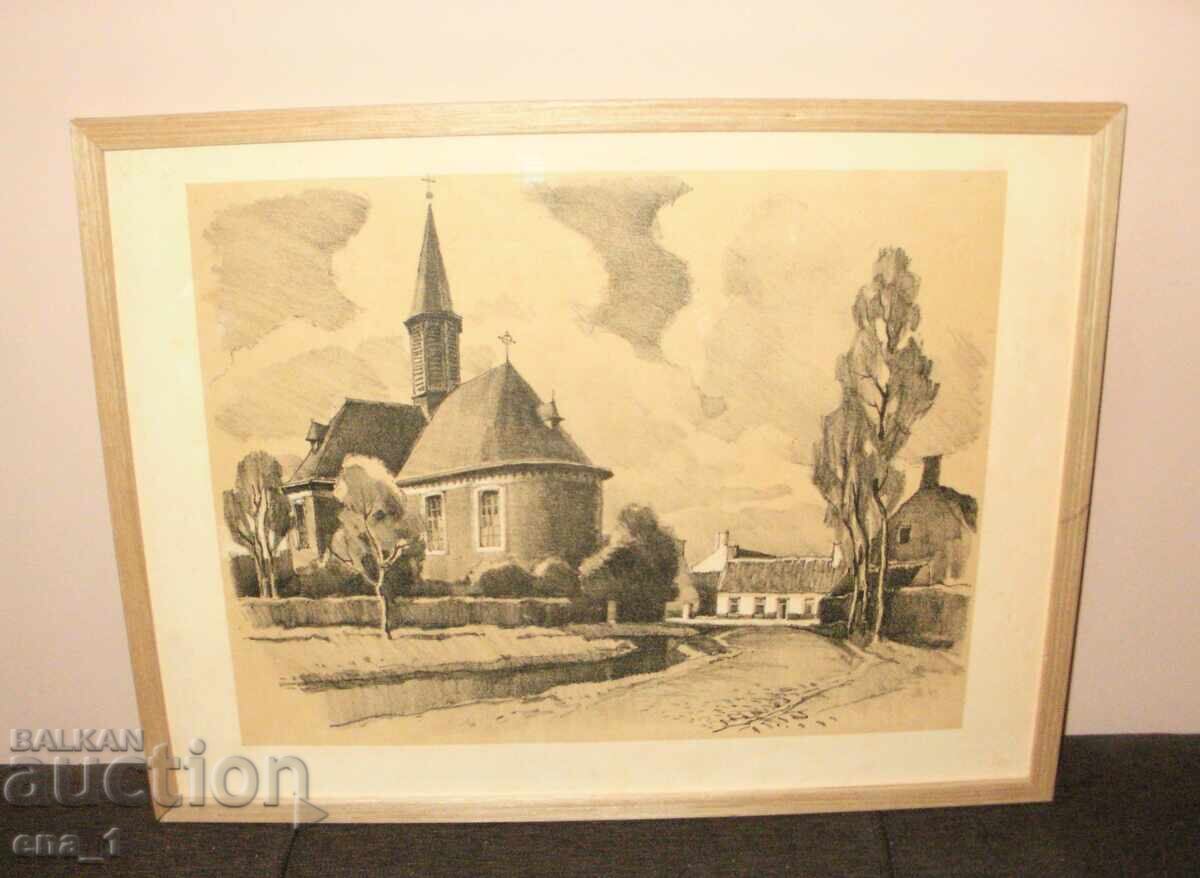 Стара църква, западноевропейски литографски отпечатък, рамка Стара църква, западноевропейски литографски отпечатък, рамка