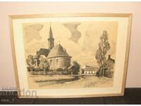 Стара църква, западноевропейски литографски отпечатък, рамка