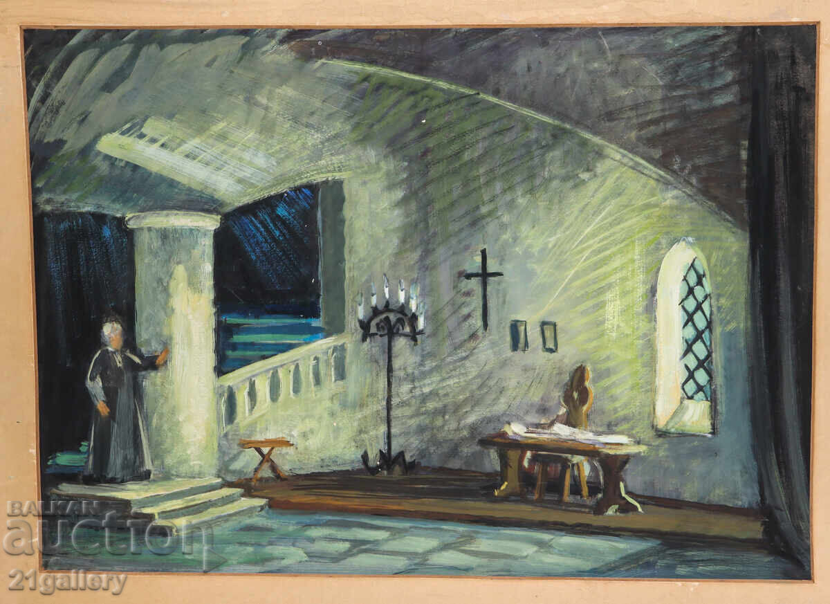 Old large painting, tempera paints, interior