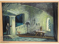 Παλιά μεγάλη ζωγραφιά με τέμπερα, εσωτερικού χώρου