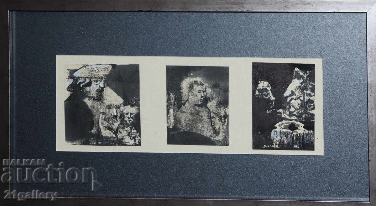 Auction  Painting tempera / ink abstract composition triptych