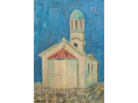 Έργο ζωγραφικής με λάδι, τοπίο με εκκλησία
